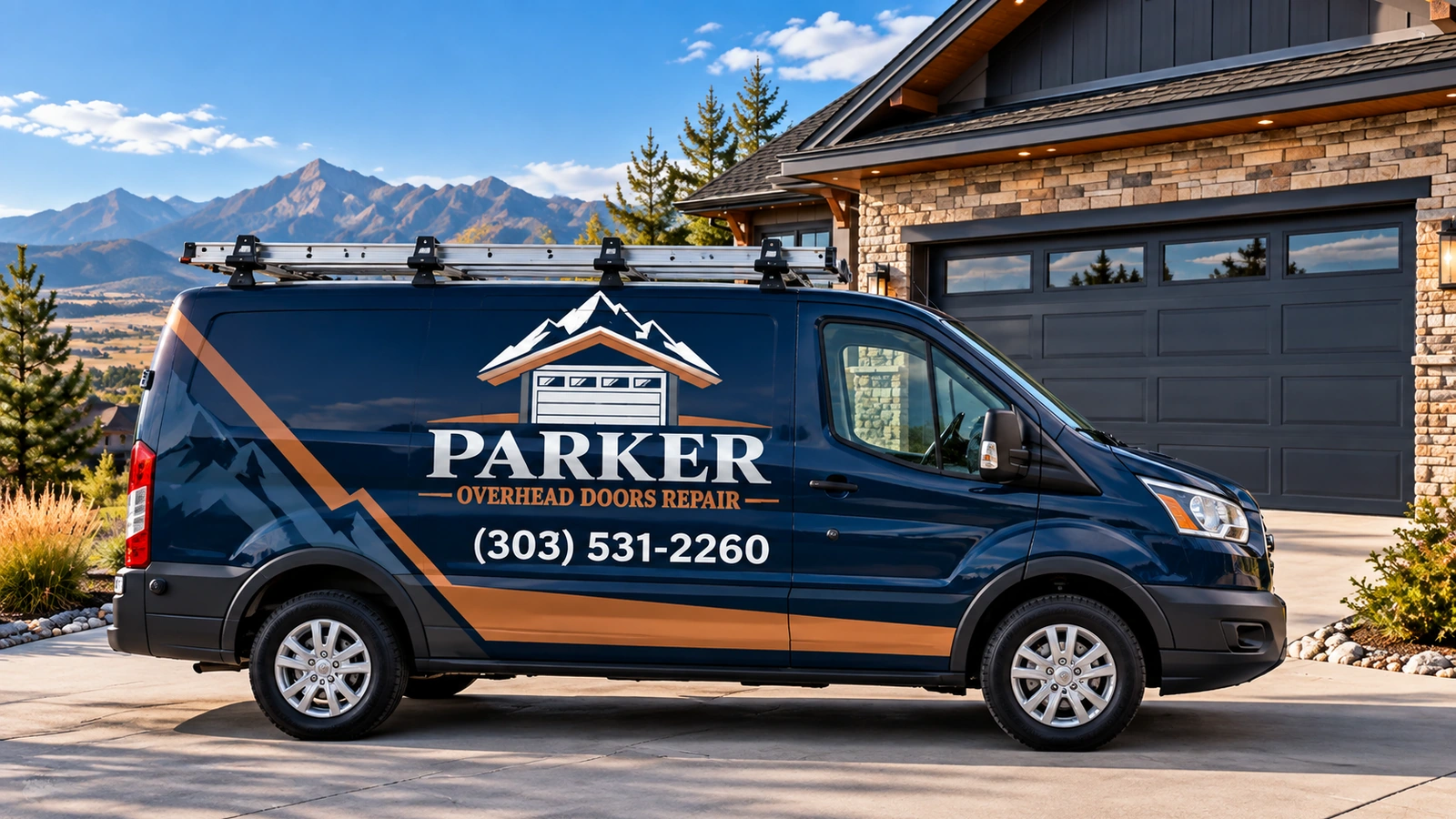 Illustration Of A Parker Overhead Doors Repair Branded Service Van At A Home
